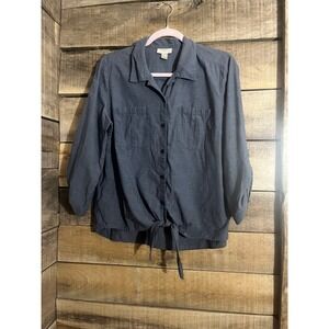 Loft Petites Blue Chambray Tie Front Roll Tab Sleeve Button Down Shirt LP